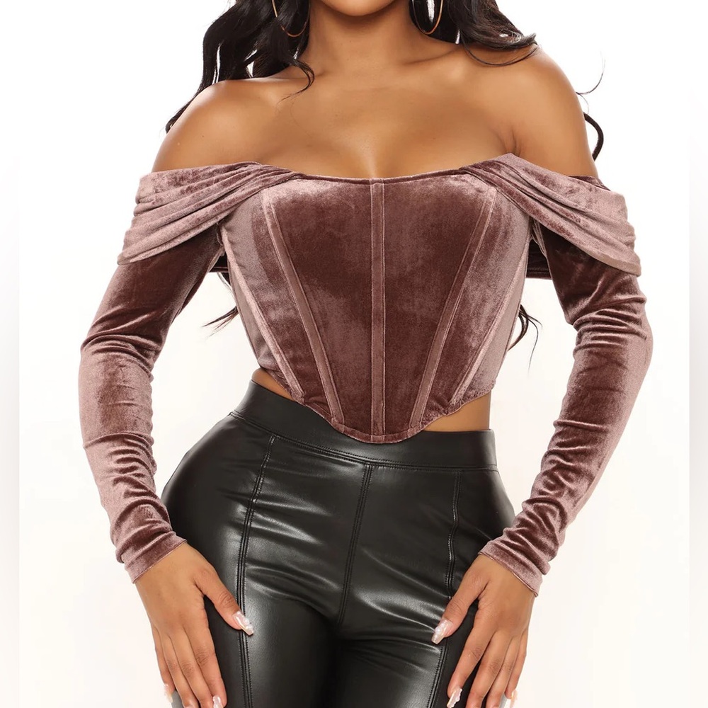 ❌SOLD❌Fashion Nova Brown Corduroy Corset Off Shoulder Draped Long Sleeve Top